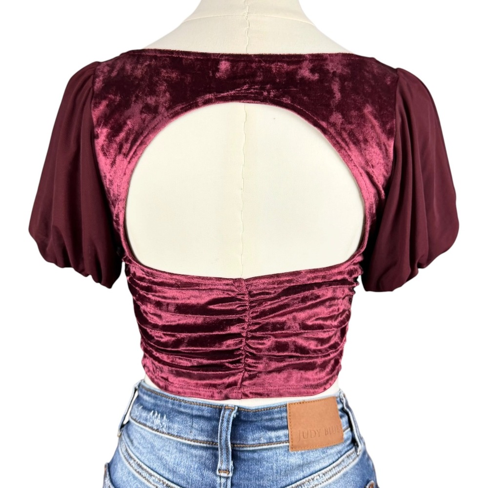 Free People Intimately Duvet Days Velvet Top Dark Red XS Open Back Puff Sleeve - Picture 2 of 12